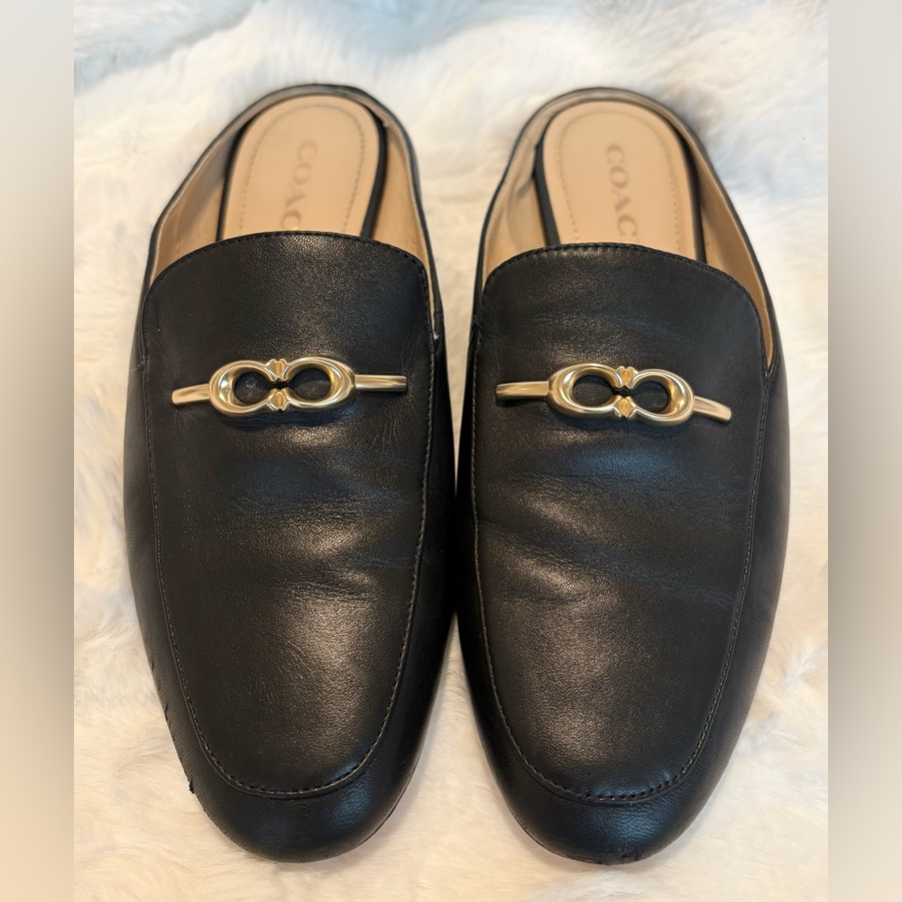 Coach Black Leather Mules with Gold Accent